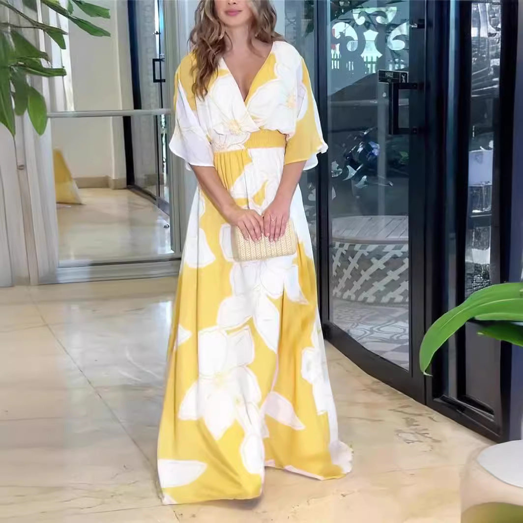 Flower Printed V-neck Batwing-sleeved Dress Fashion Elegant Backless Long Dresses Women's Clothing