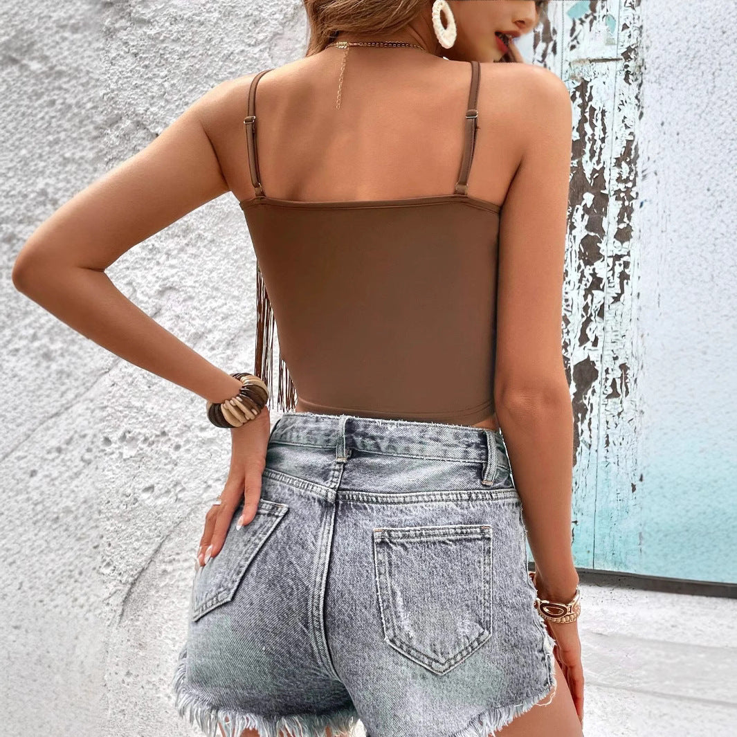 Womens Tassel Strap Jumpsuit Vest