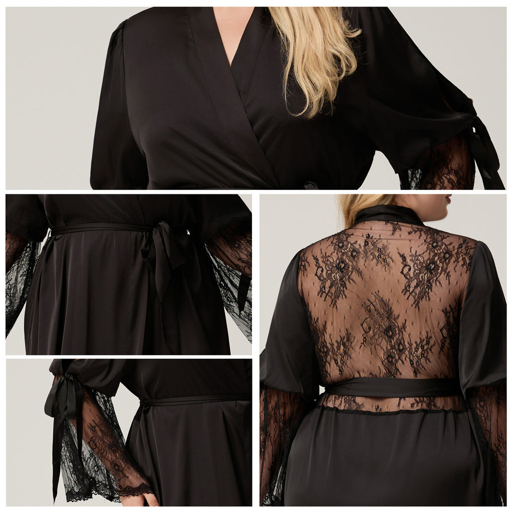 Lace-trimmed Long-sleeved Plus-size Loungewear Dress