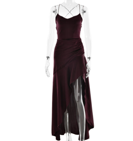 Women's Backless Ruffles Irregular Dress Summer Fashion Evening Party Club Split Suspender Maxi Dresses Clothing