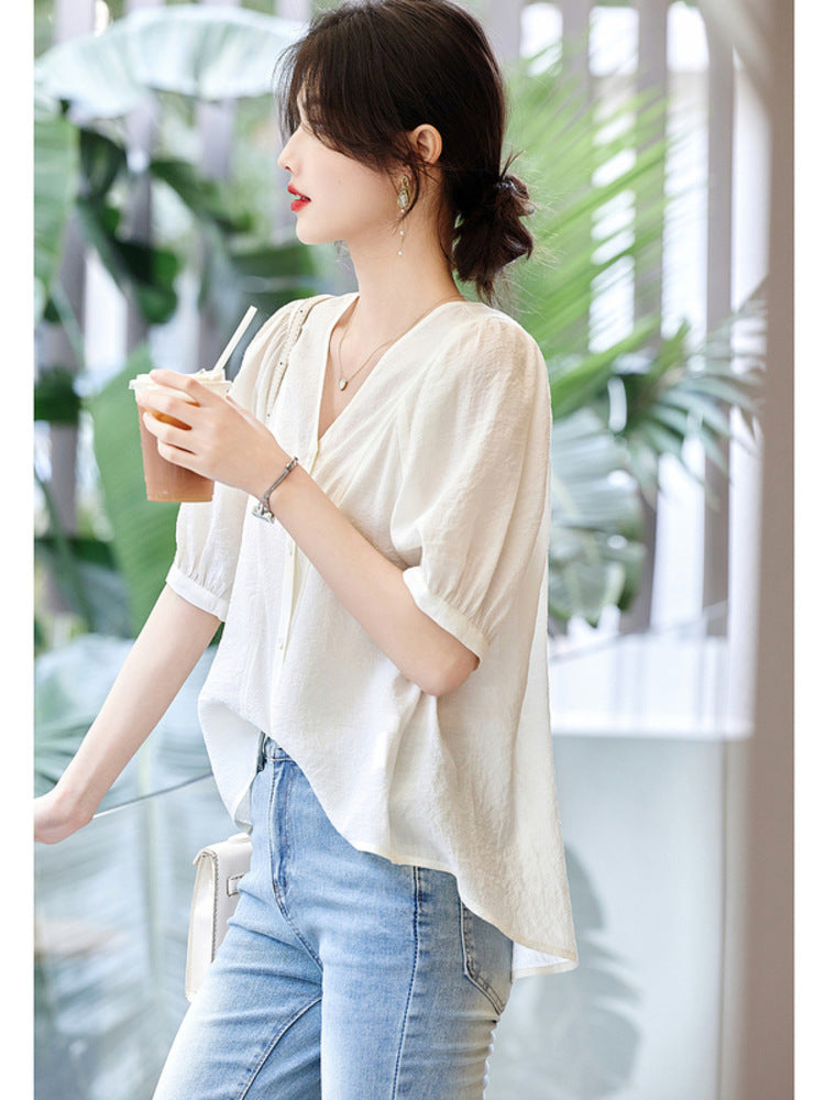 Retro French V-neck Short Sleeve Shirt