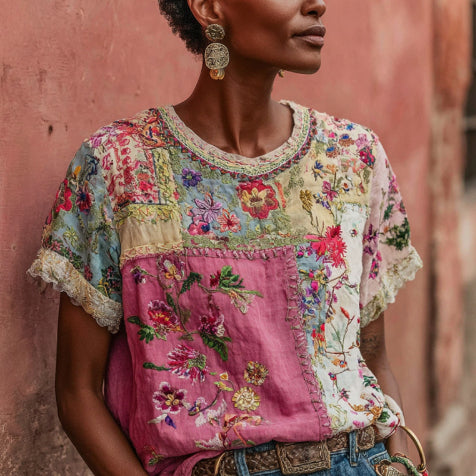 Womens Retro Printed Patchwork Crew-Neck Top