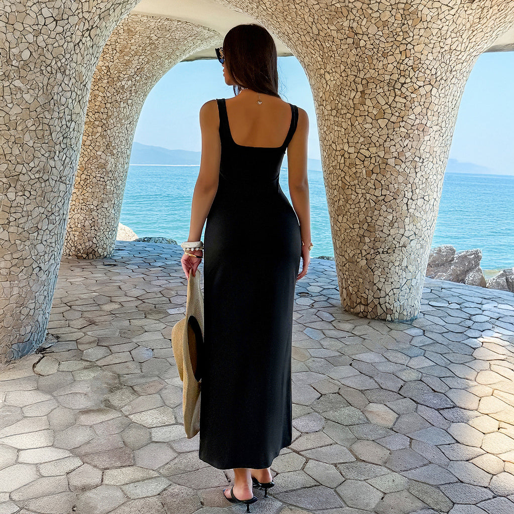 Elegant Square-neck Solid-color Slim-fit Dress For Women