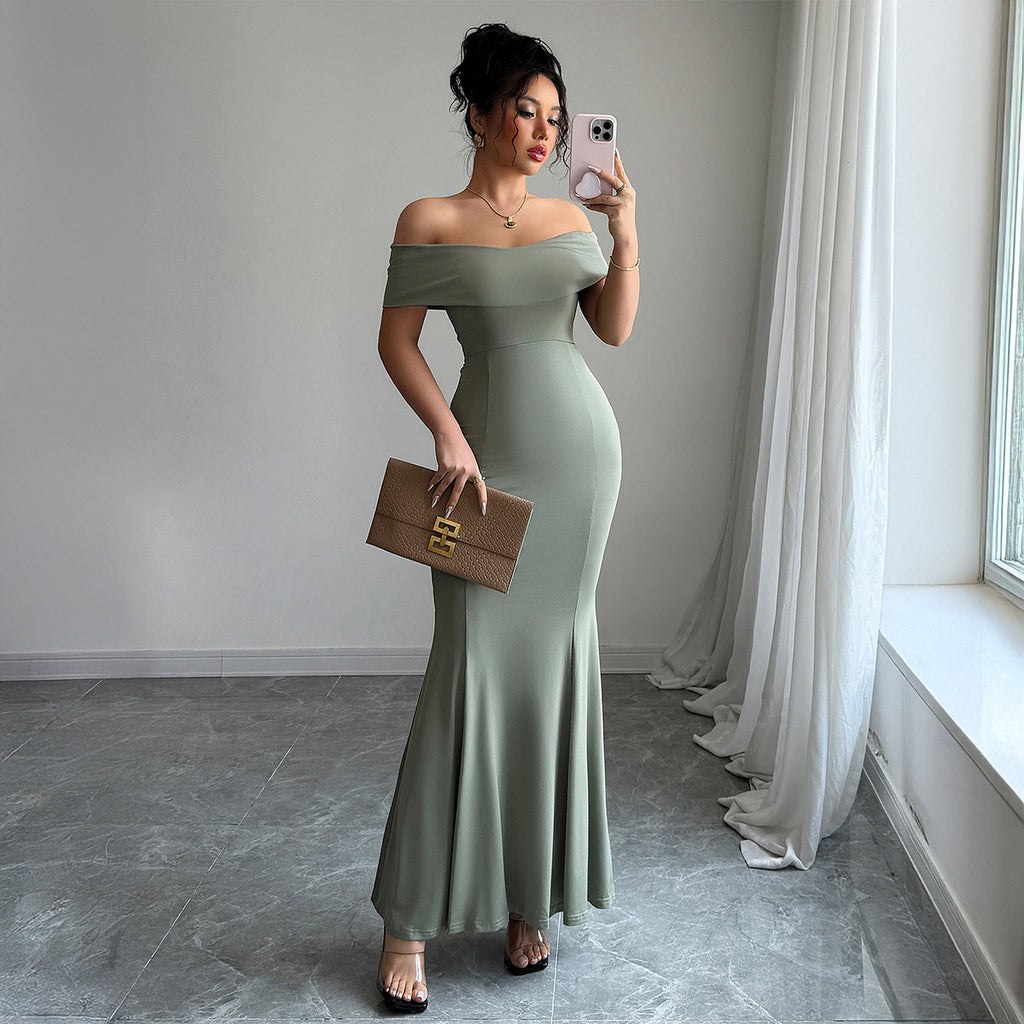 Womens Solid-Color Off-the-Shoulder Slim Long Dress