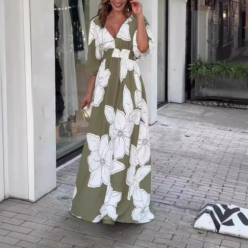 Flower Printed V-neck Batwing-sleeved Dress Fashion Elegant Backless Long Dresses Women's Clothing