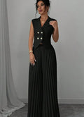 Summer Sleeveless Suit Fashion Lapel Button Vest Top And Pleated Straight Pants Women's Trousers Set Clothing