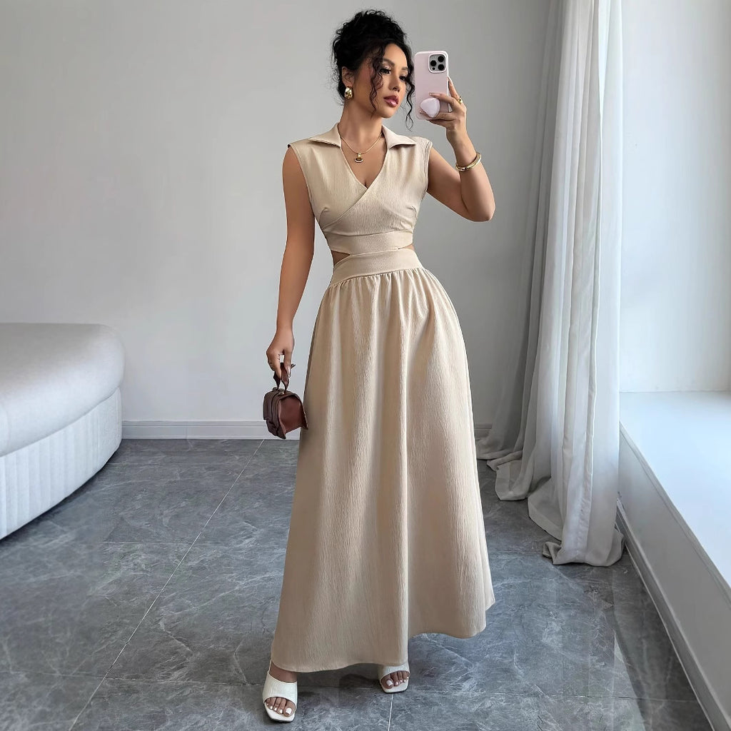 New French-style Dress With A V-neck A-line Silhouette And Sleeveless Design