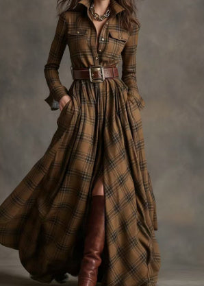 Ins Plaid Print Long-Sleeved Dress Fashion Pockets Collared Buttons Shirt Long Dresses Retro Women's Clothing