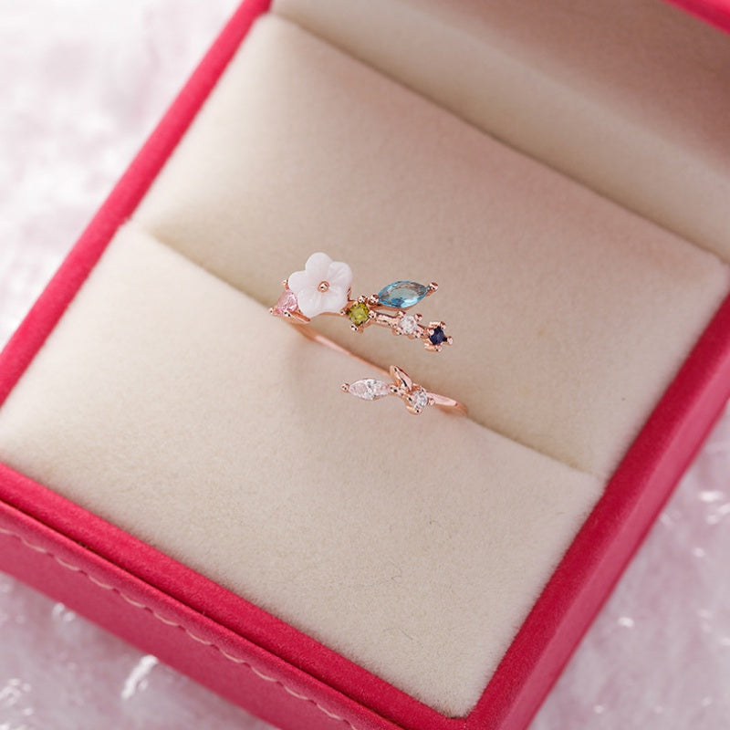 Sparkling Diamond Crystal Zircon Flower Ring Micro Inlaid Sweet Wild Love Flower Open Ring Bracelet