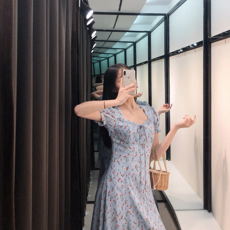 French Terrier Orange Blue Floral Dress