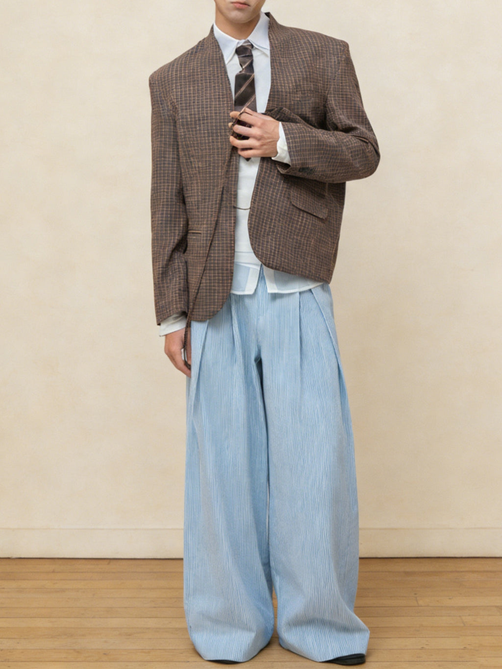 Brown Plaid Collarless Deconstructed Blazer Jacket