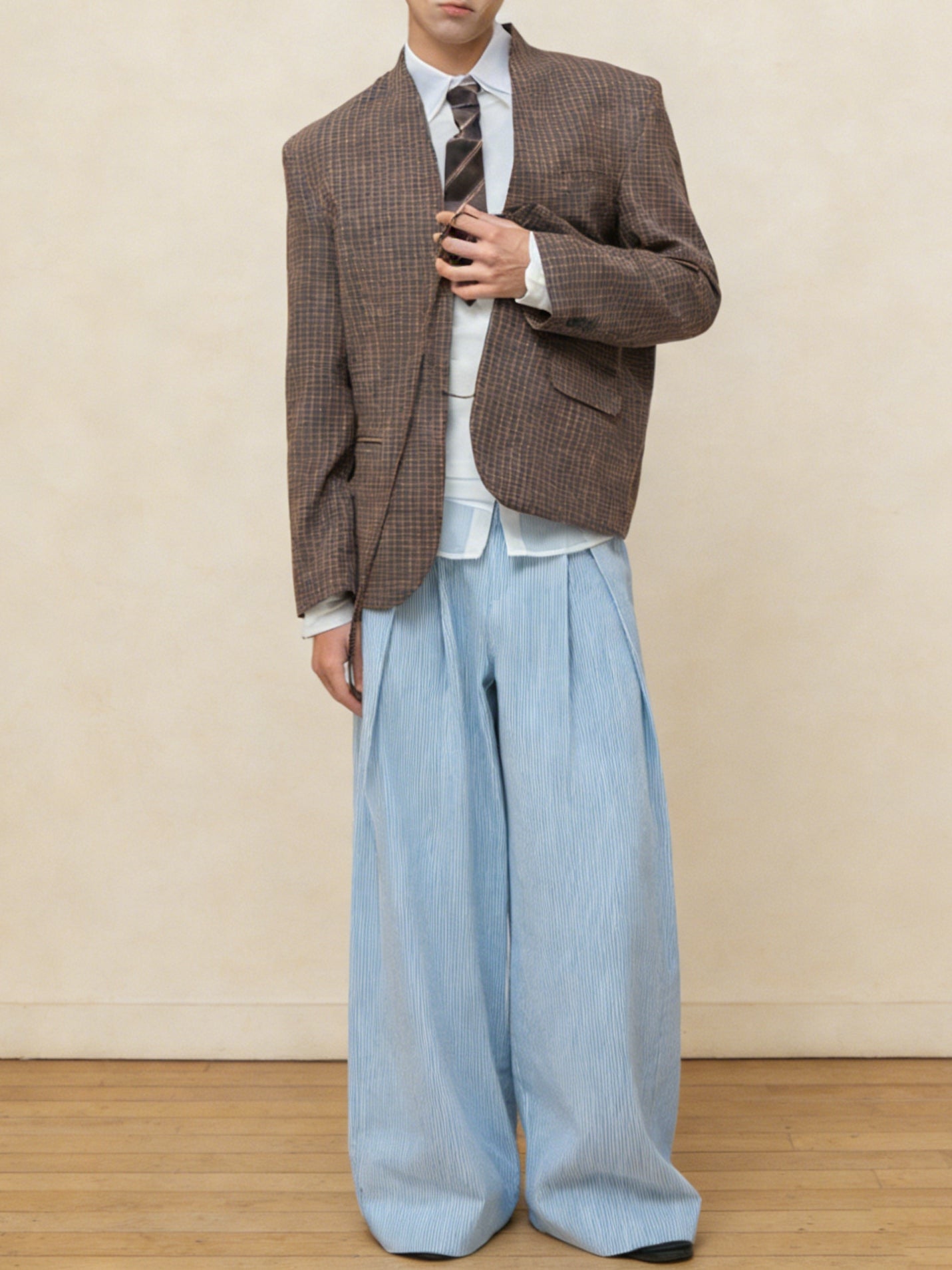 Brown Plaid Collarless Deconstructed Blazer Jacket