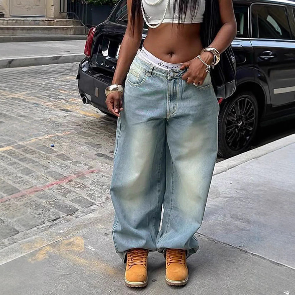 American-style Distressed Washed-out Denim Jeans