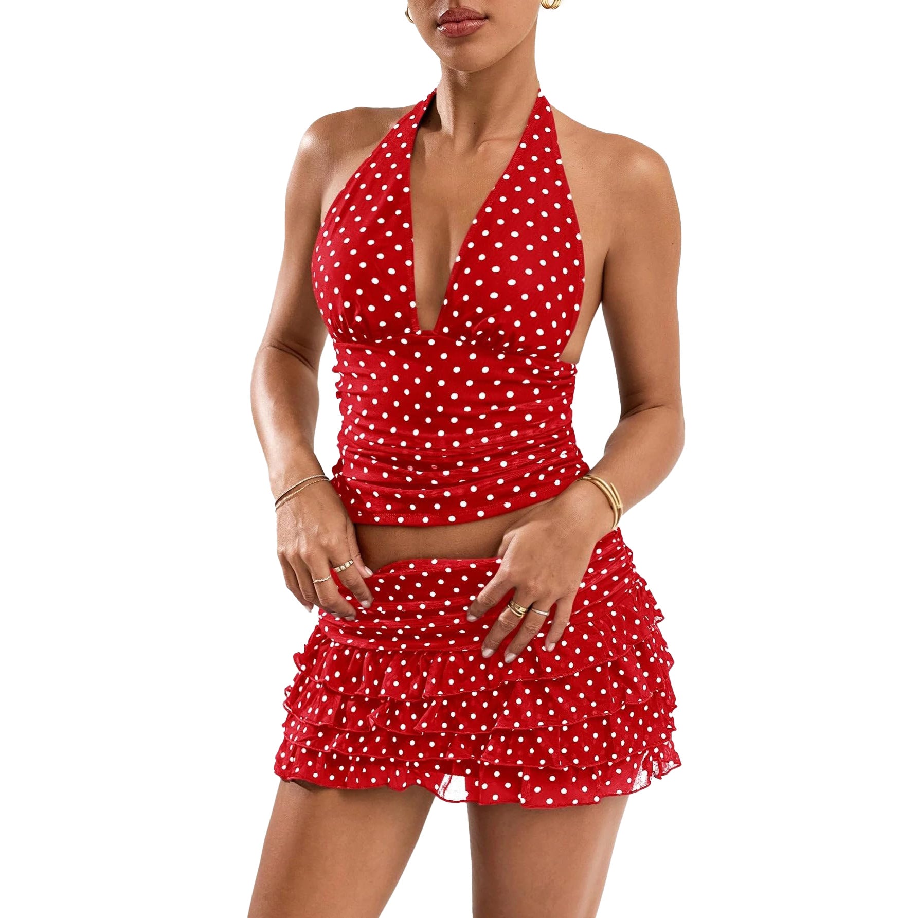 Polka-dot Printed Halterneck Vest And Ruffled Hem Mini Skirt Set
