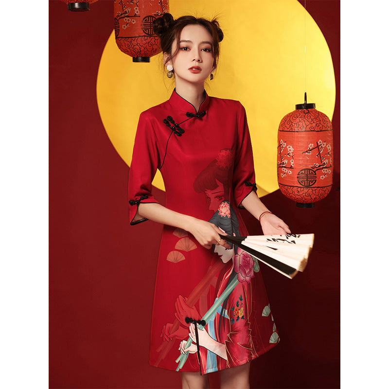 Womens Long-Sleeve Retro Casual Printed Dress