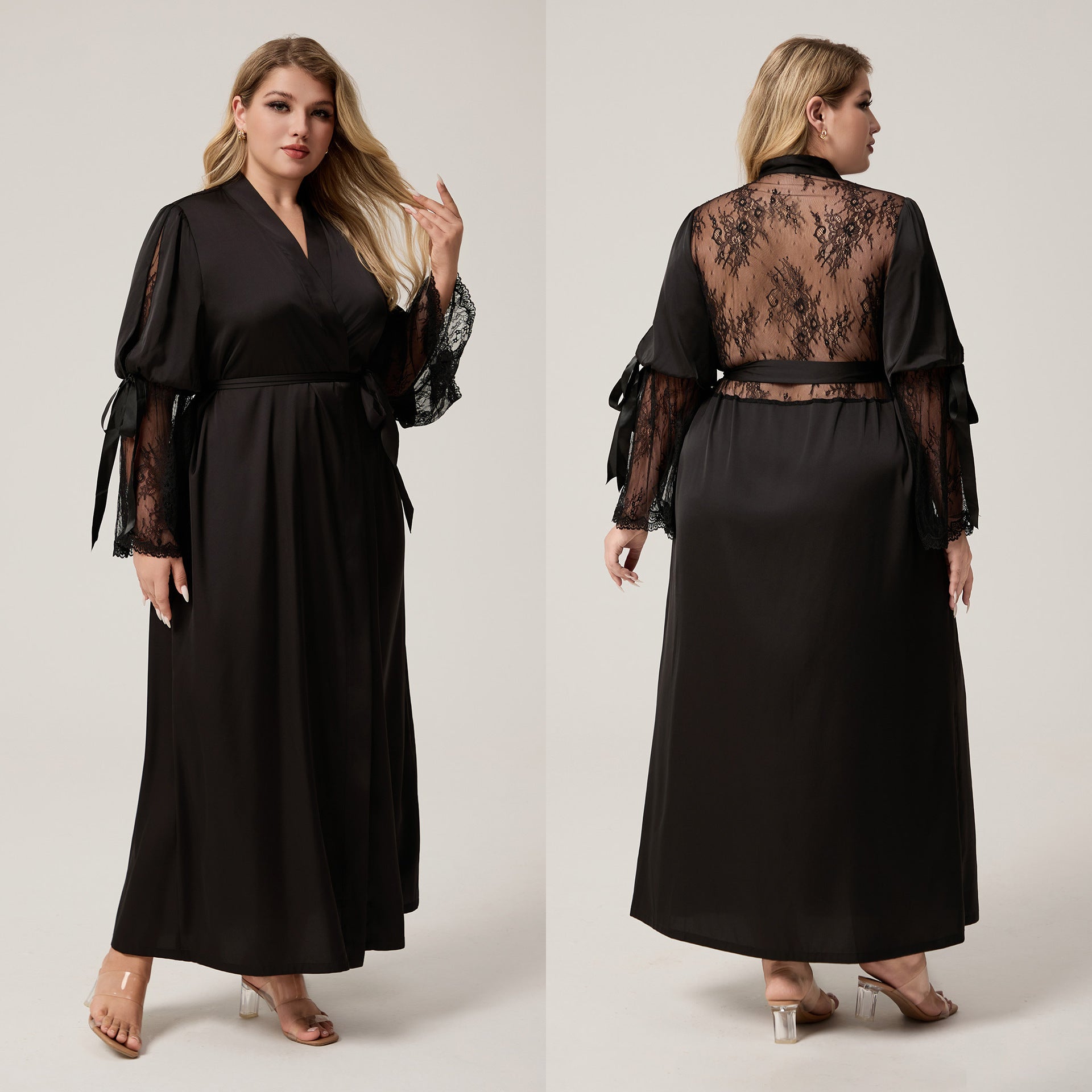 Lace-trimmed Long-sleeved Plus-size Loungewear Dress
