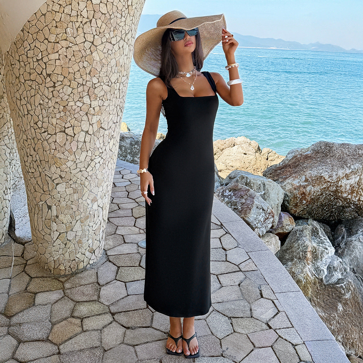 Elegant Square-neck Solid-color Slim-fit Dress For Women