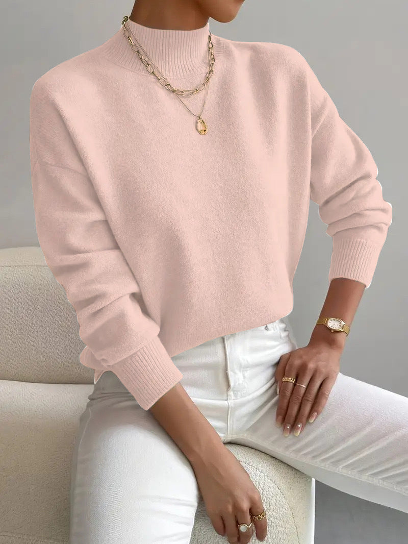 Women's Pullover Sweater Casual Solid Color Mid-high Neck Long-sleeved Knitted Tops Clothing