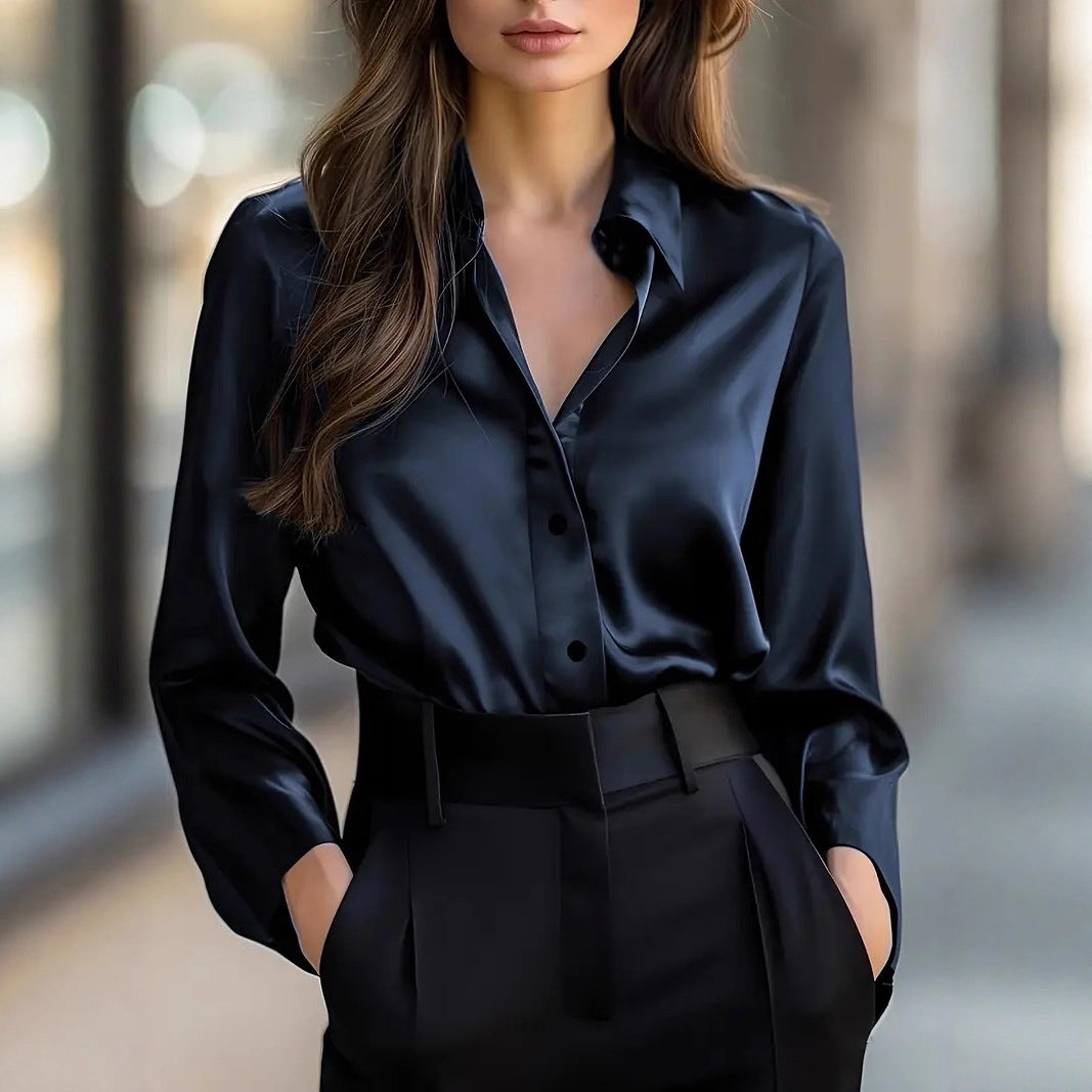 Elegant Satin Long Sleeve Blouse For Women Button-Up Collar Shirt Perfect For Casual Professional Business Work Wear Women's Clothing