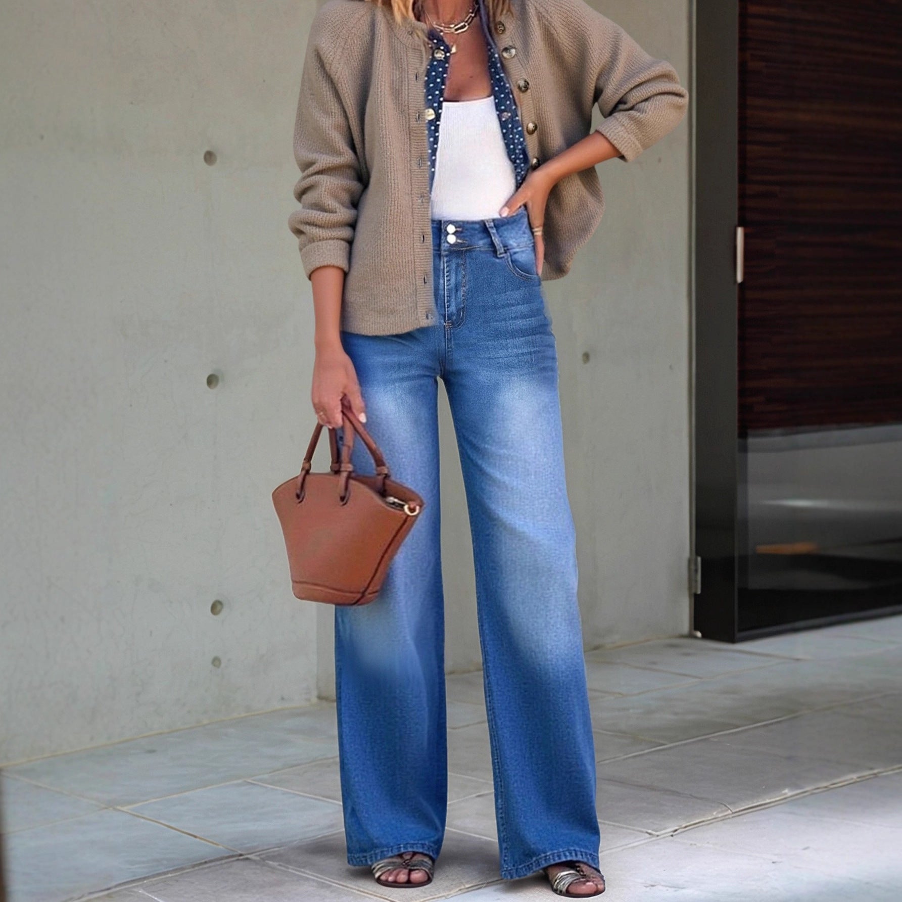 Womens Casual Straight-leg Denim Wide-leg Pants