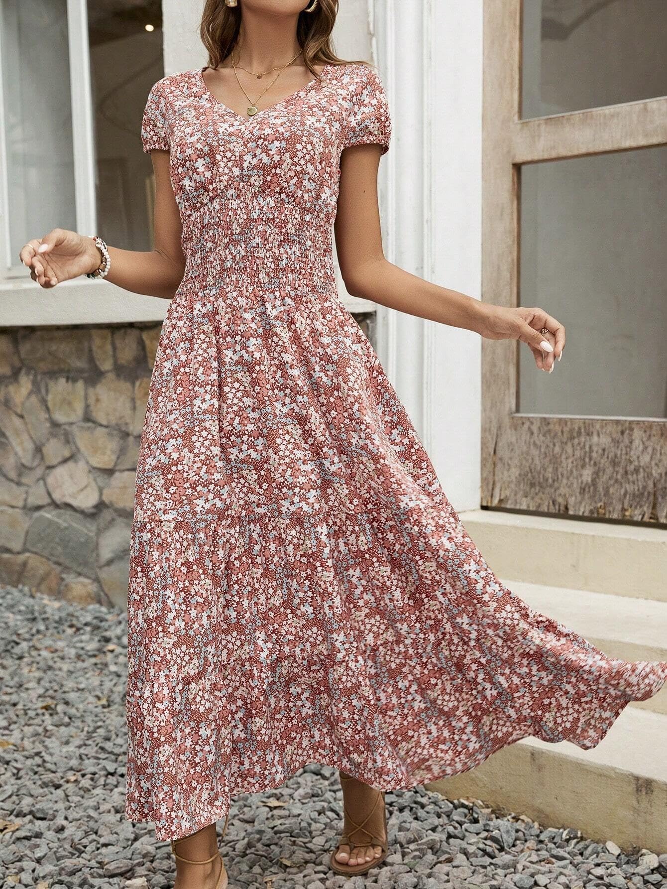 Blossom Chic V-Neck Floral Dress For Women - Soft, Breathable Polyester, Machine Washable, Easy Care, Perfect For Spring, Summer, And Fall Occasions, Everyday Wear, And Outdoor Activities