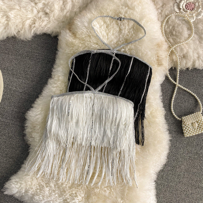 Women's Chest Pad Hipster Chain Top Rhinestone Tassel Strap Sling