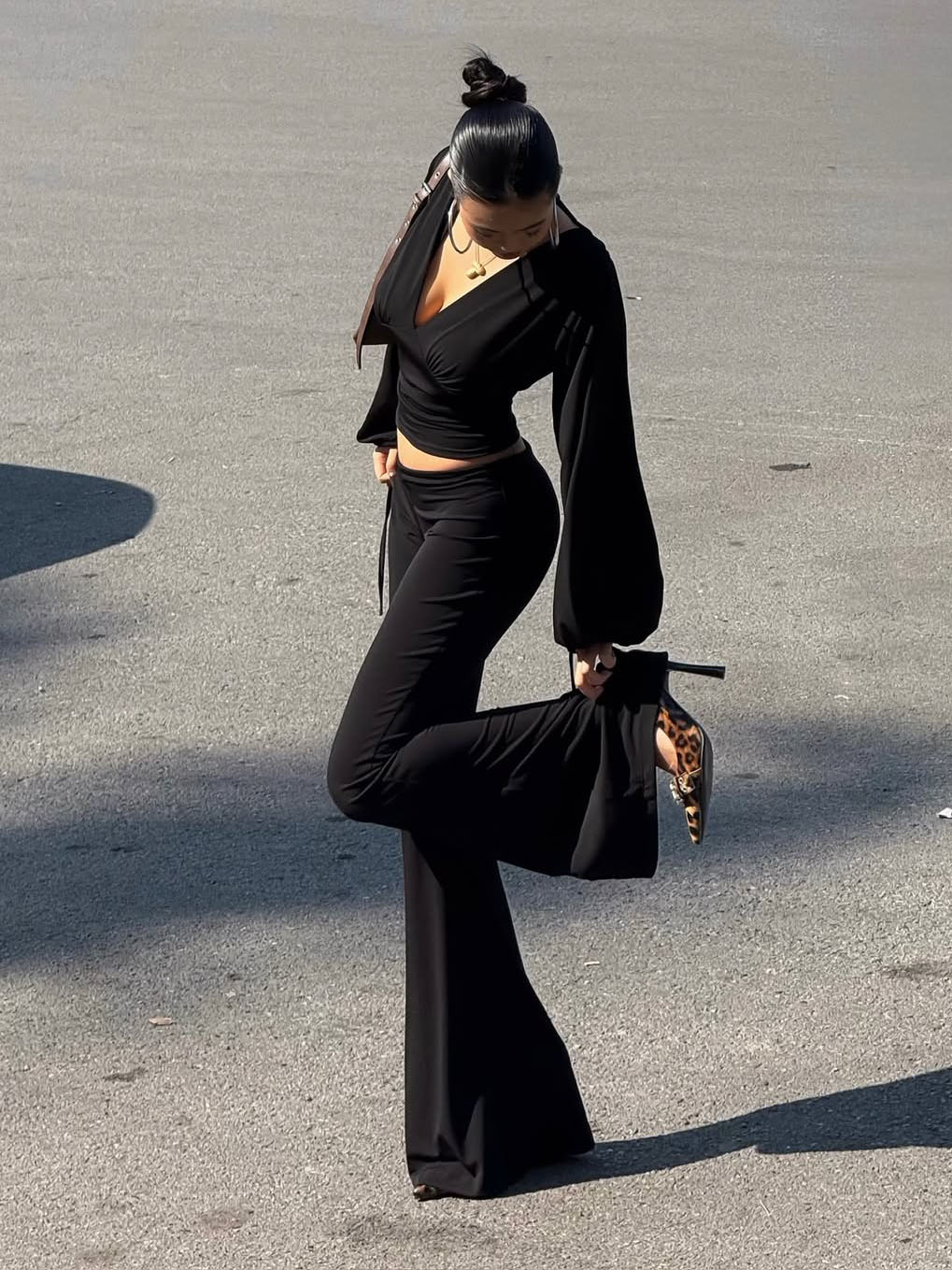 Black V-Neck Puff Sleeve Crop Top & High Waist Flare Pants Set
