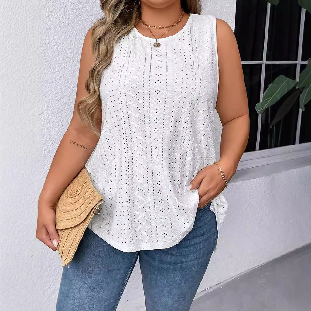 Spring And Summer New Round Neck Loose Hollow Sleeveless T-shirt Top