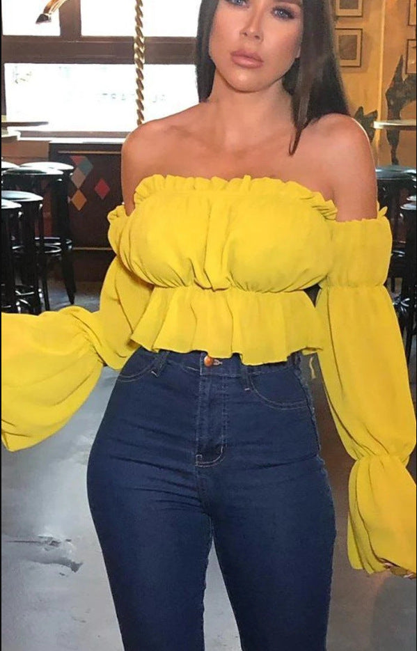 Solid Color Sexy Navel Ruffled Shoulder