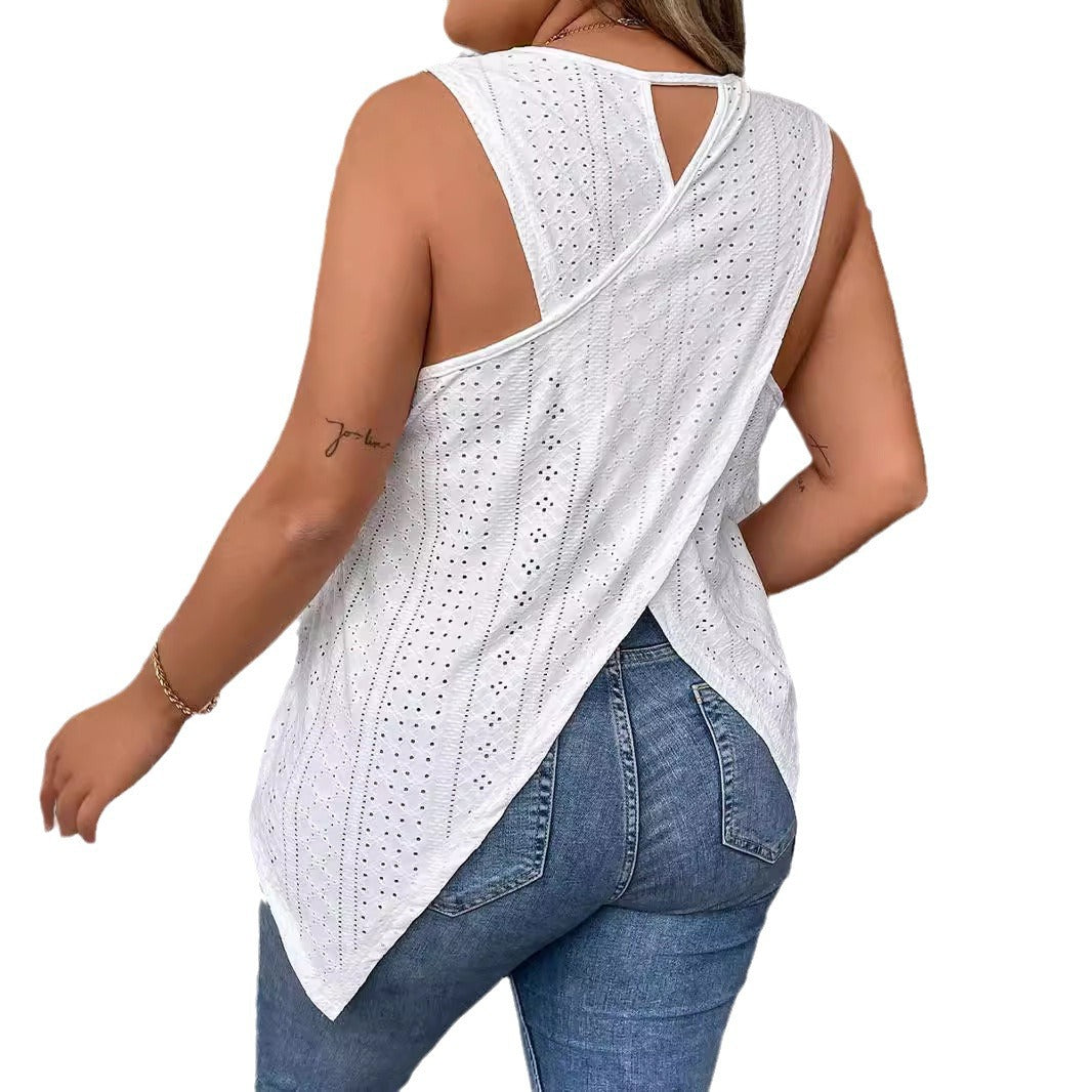 Spring And Summer New Round Neck Loose Hollow Sleeveless T-shirt Top