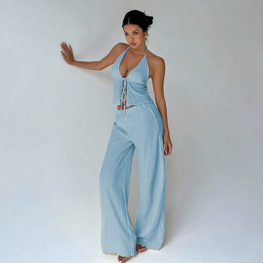 Womens Solid Light Blue Halterneck Top And High-Waist Wide-Leg Pants Set
