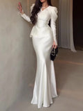 White Satin V-Neck Waist-Cinched Top & Mermaid Skirt Set