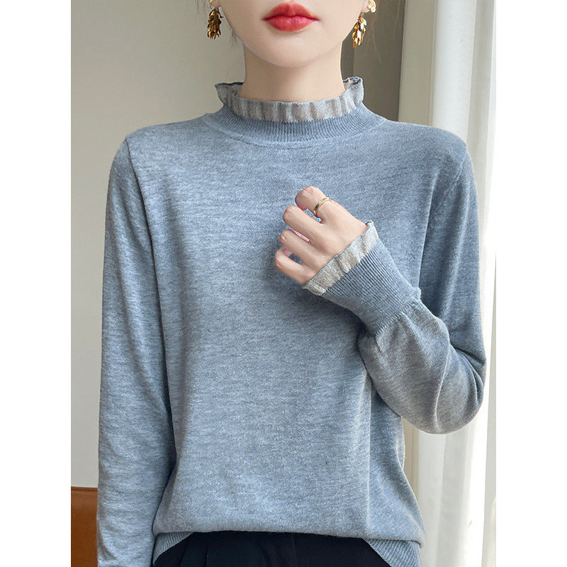 Solid Color Stringy Selvedge Loose Bottoming Shirt Top Half High Collar