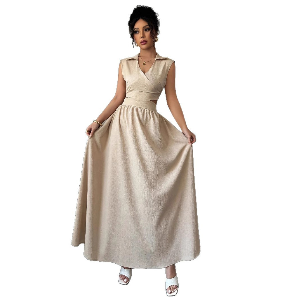 New French-style Dress With A V-neck A-line Silhouette And Sleeveless Design