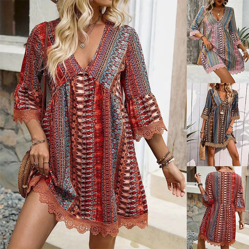Bohemian Style V-neck Printed Dress Fashion Casual Loose Beach Dresses For Women