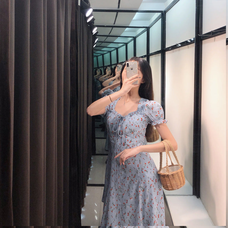 French Terrier Orange Blue Floral Dress