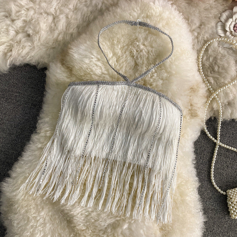 Women's Chest Pad Hipster Chain Top Rhinestone Tassel Strap Sling