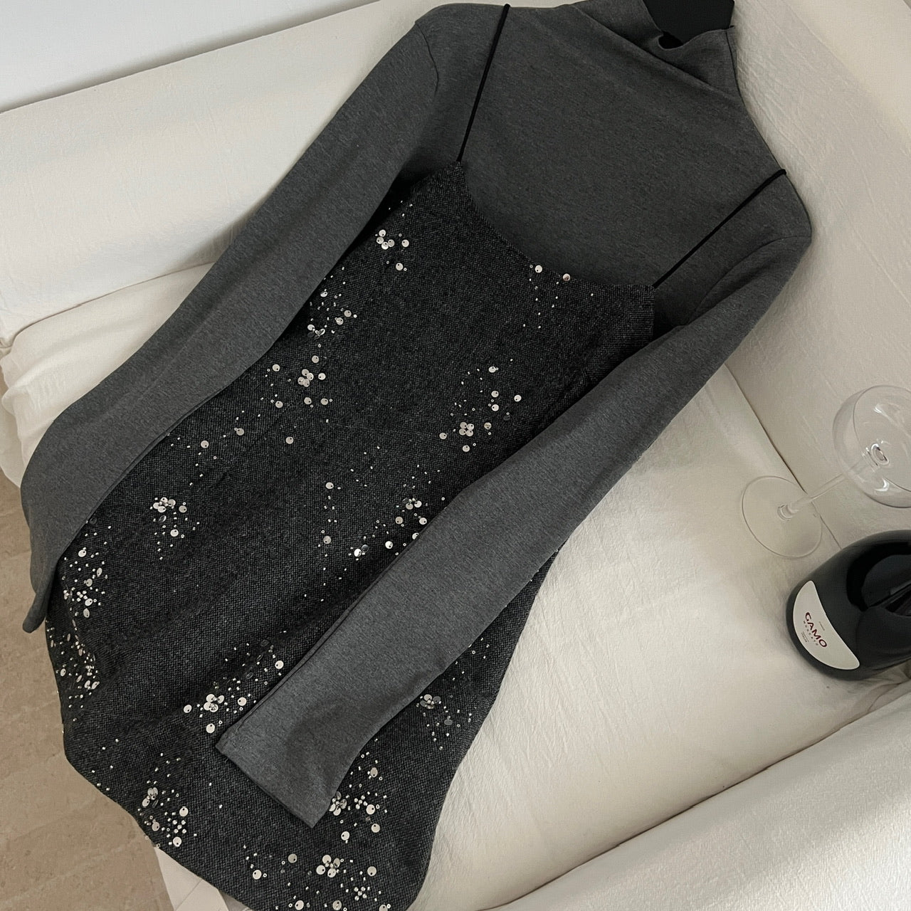 Korean Style Sequin Dress Set - Long Sleeve Turtleneck Top And Sling Party Dress For ClubWedding