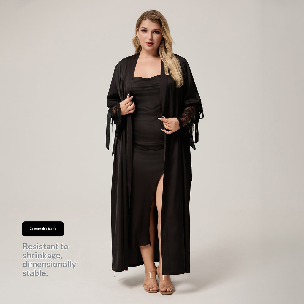 Lace-trimmed Long-sleeved Plus-size Loungewear Dress