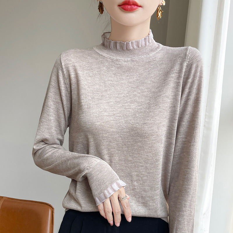 Solid Color Stringy Selvedge Loose Bottoming Shirt Top Half High Collar