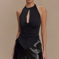 Women's Halter Top With Hollowed-Out Pleated Design And Open-Back Vest