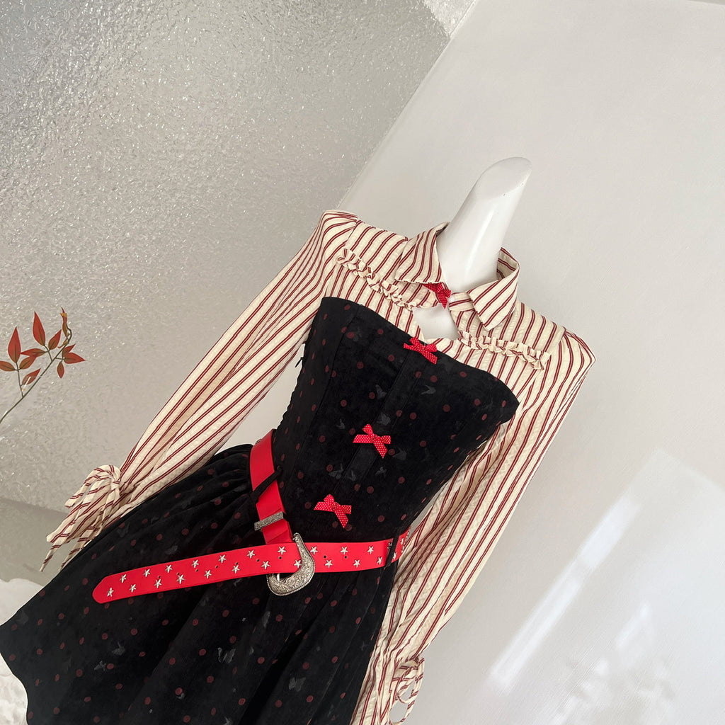 Women's Y2K Hot Girl Dress Polka Dot Shirt Paneled Velvet Bodycon Mini Dress