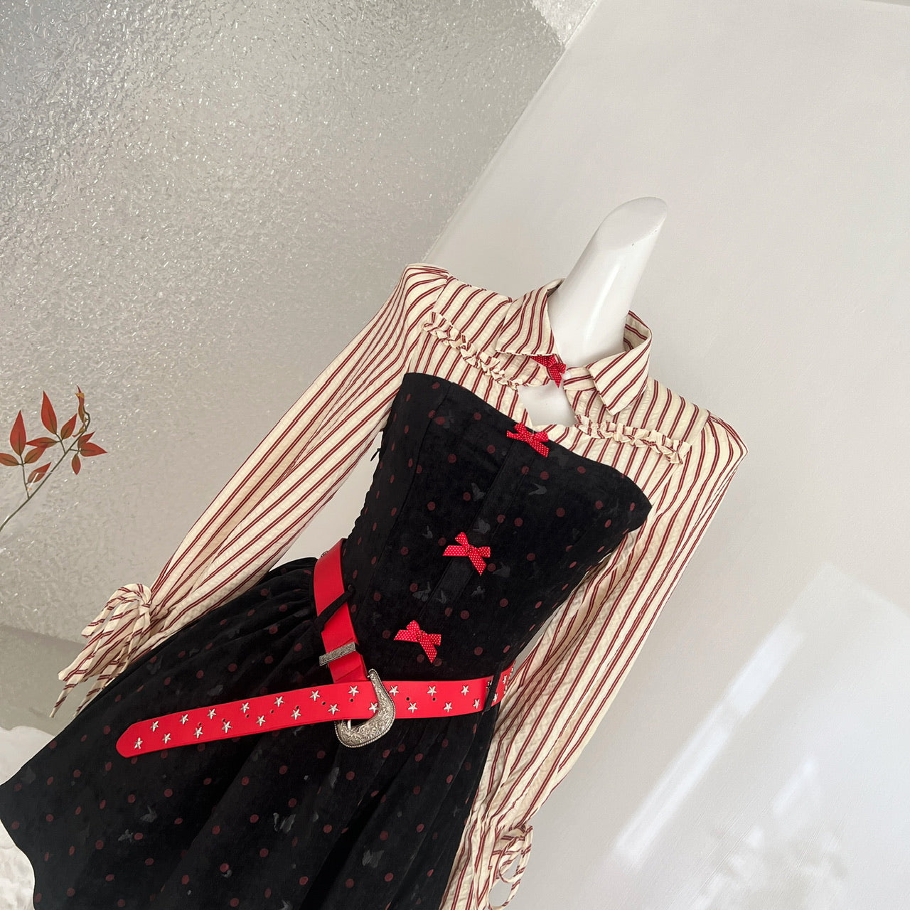 Women's Y2K Hot Girl Dress Polka Dot Shirt Paneled Velvet Bodycon Mini Dress