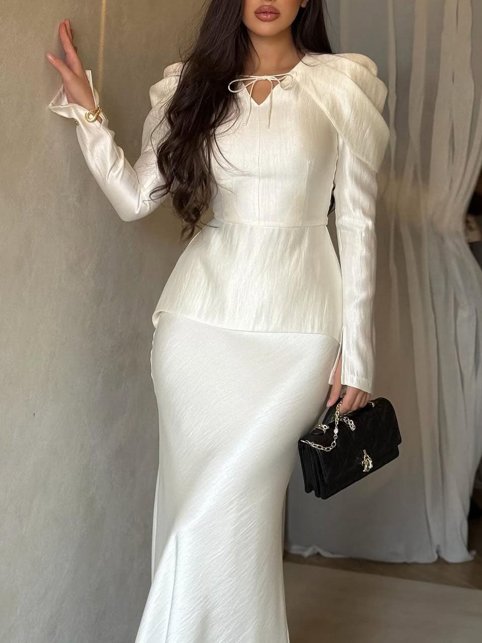 White Satin V-Neck Waist-Cinched Top & Mermaid Skirt Set