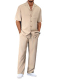 Men's Trousers Suit Fashion Lapel Button Short Sleeve Shirt And Pocket Straight Pants Clothing