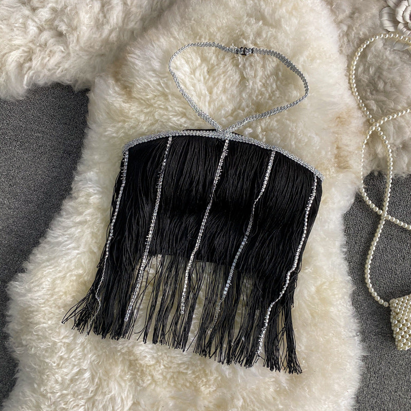 Women's Chest Pad Hipster Chain Top Rhinestone Tassel Strap Sling