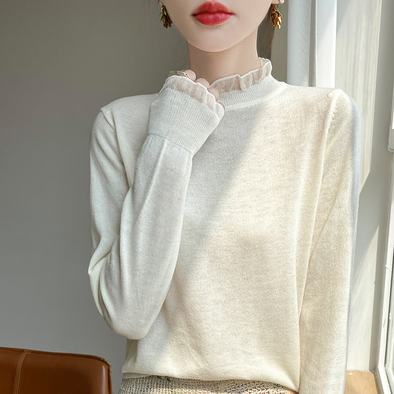 Solid Color Stringy Selvedge Loose Bottoming Shirt Top Half High Collar