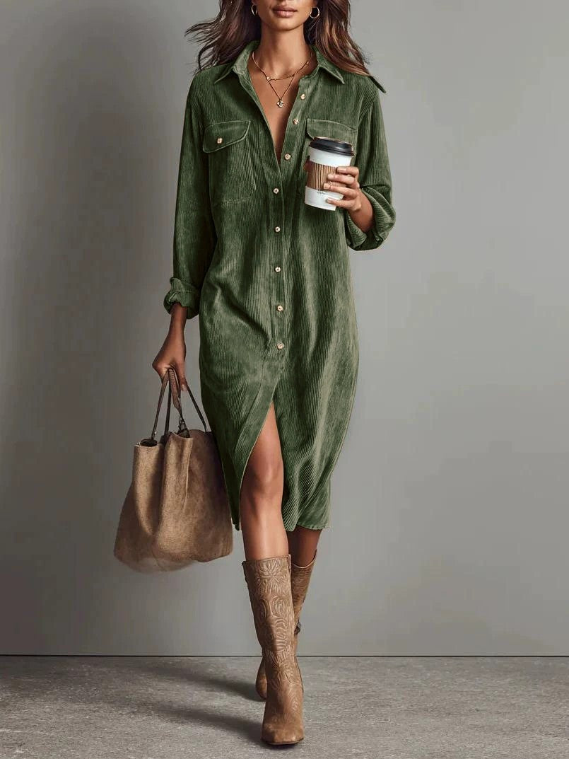 Turn-Down Collar Buttons Chic Casual Dress, Women Spring Autumn Solid Simple Party Dress, Long Sleeve Holiday Ladies Dress