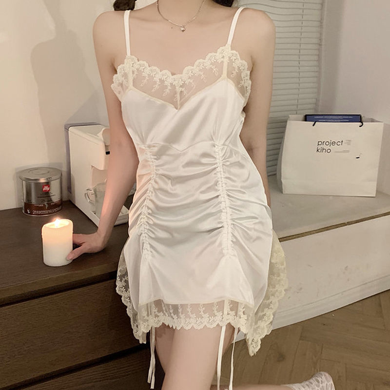 Lace Ice Silk Sling Adjustable Drawstring Nightdress