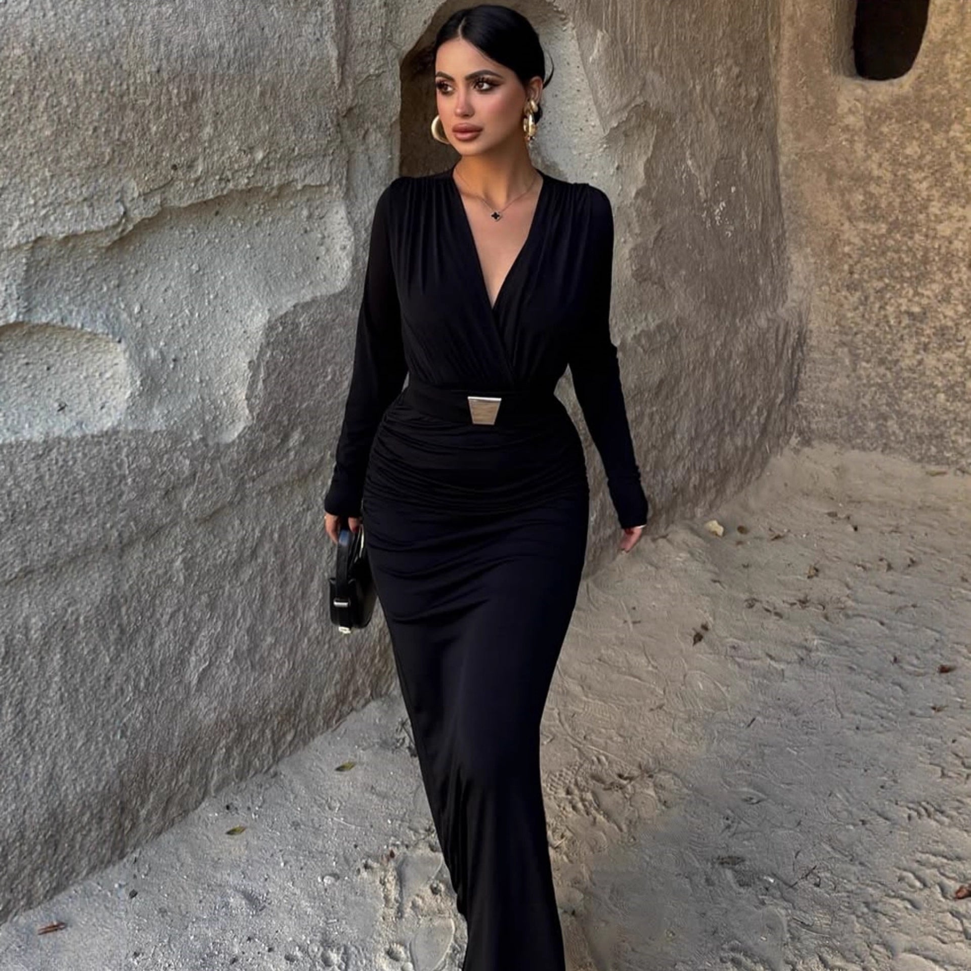 Elegant Embellished Belt Deep-V Long-sleeve Autumn Dress